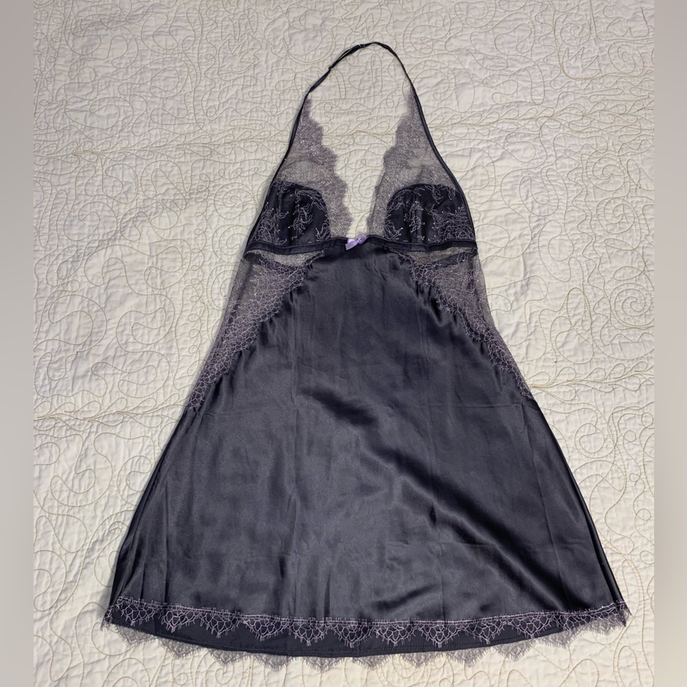 Victoria’s Secret Gray Purple Sexy Lace‎ Halter Slip Babydoll Dress Size Large